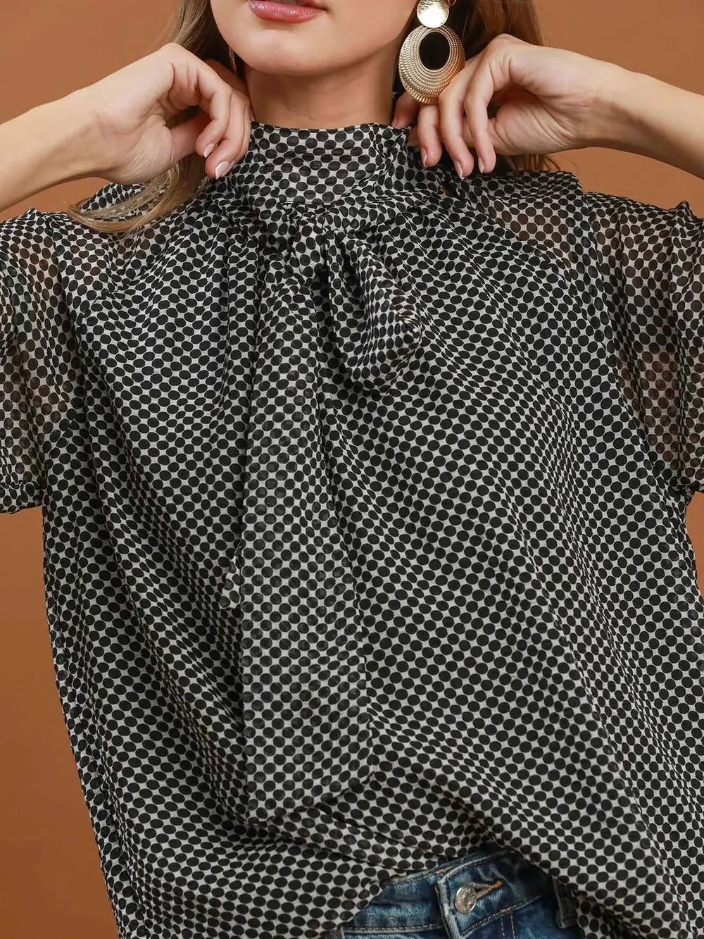 Women's Black & White Geometric Tie-Neck Blouse - Picture 2 of 6